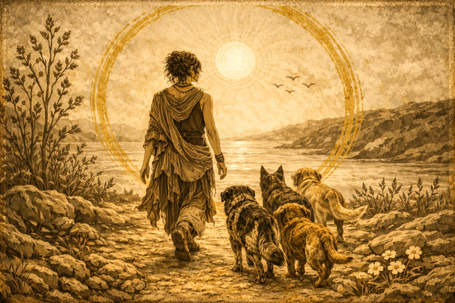 Calm Authority — a woman walking with dogs toward the horizon