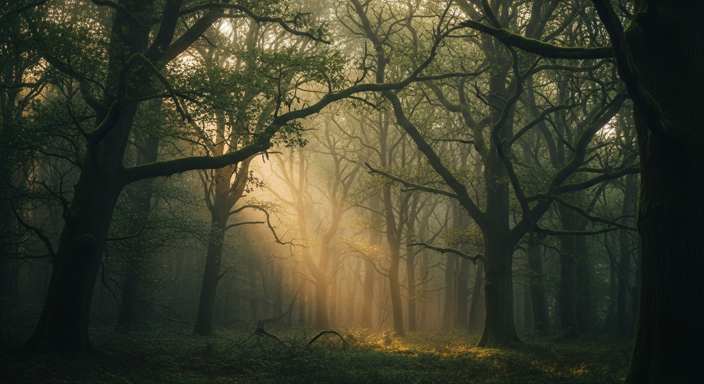 Atmospheric misty ancient woodland